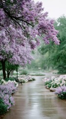 Rain-Soaked Garden Path with Blooming Lilac Trees