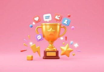 Golden trophy with social media icons floating around on pink background celebratory success and achievement in digital marketing and social influence