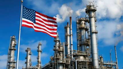 Patriotic American Flag Waves Gracefully in Front of a Historic Manufacturing Factory Amidst the Red and Blue Stripes