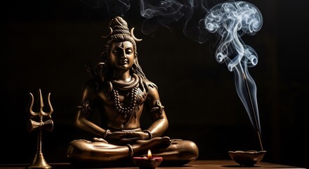 Spiritual bronze Shiva statue in meditation pose for Maha Shivaratri. Hindu God art for religious holidays, yoga and meditation, devotion, rituals, with incense smoke. 