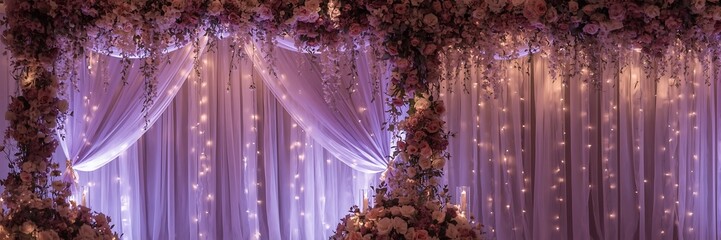 Elegant wedding decoration with floral arch, soft lighting, and sheer drapes creating a romantic and festive ambiance for a beautiful celebration