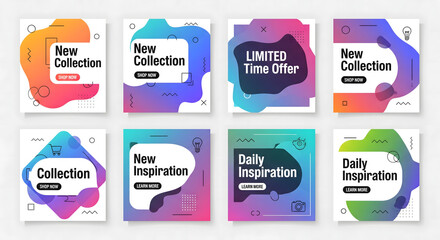 A versatile set of eight modern social media post templates, featuring dynamic liquid gradients for engaging online content
