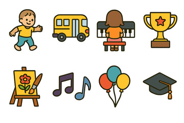Childhood Milestones Icons. Flat vector mini-illustrations childhood milestones in colors children's illustrations: first steps,