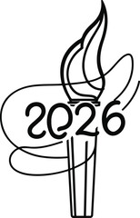 Black and white line art of Olympic torch with ‘2026’, minimal hand-drawn vector style 1