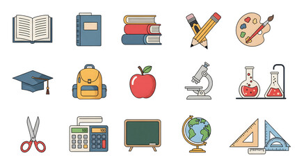 A colorful collection of flat design icons representing school supplies, education, and learning concepts