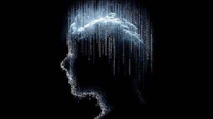 Digital brain concept illustrating artificial intelligence and the flow of information through a human head silhouette