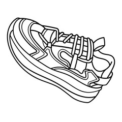 A stylized black and white line drawing of a modern athletic sneaker with laces and a thick sole.