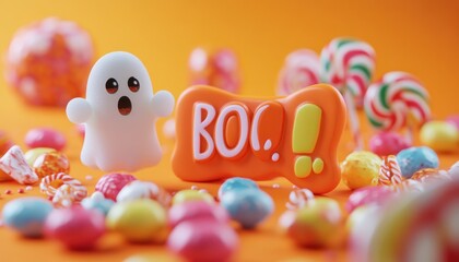 Cute halloween ghost and boo sign surrounded by colorful candies on a bright orange background for a festive treat