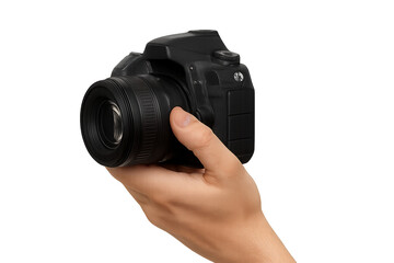 Photographer holding digital camera in hand. Transparent background.