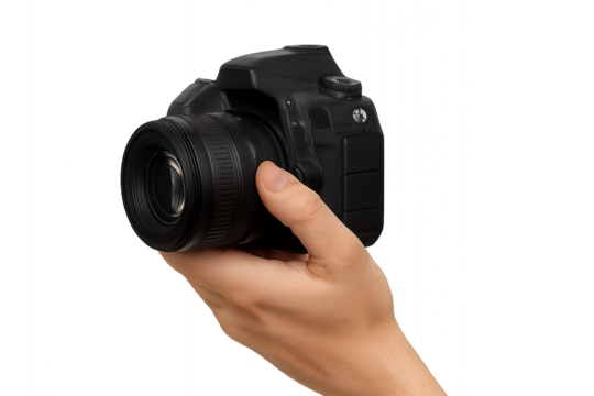 Photographer holding digital camera in hand. Transparent background.