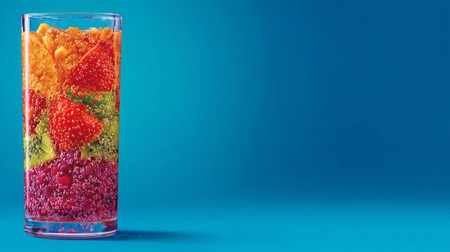 illustrated glass with distinct fruit sections layered vertically in carbonated water, bubbles and ice detailed, set on a minimal surface with soft gradient background and open sky area for 