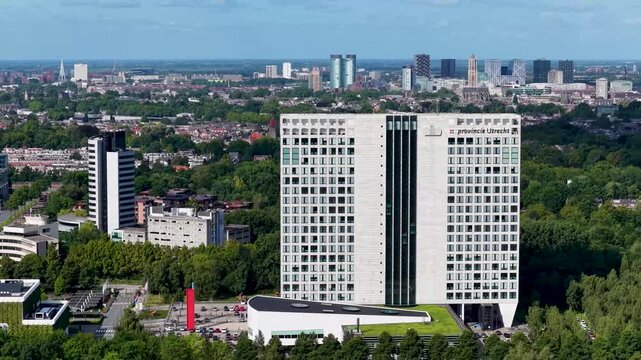 Utrecht, Utrecht / the Netherlands - August  27th 2025: The provincial building (Provinciehuis) of Utrecht from the air with the city  Utrecht in the background