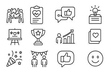 Employee Engagement Icons. Line style icons of employee engagement: team building activity, employee pulse survey, feedback icon,
