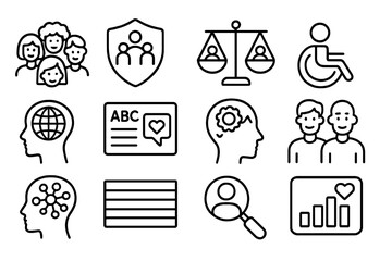 Diversity Line Icons. Line style icons of diversity and inclusion: diversity icon, inclusive workplace badge, gender equality icon