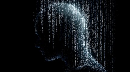 Abstract digital rain effect cascading over a silhouetted human head in darkness