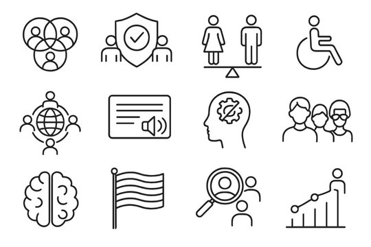 Diversity Line Icons. Line style icons of diversity and inclusion: diversity icon, inclusive workplace badge, gender equality icon
