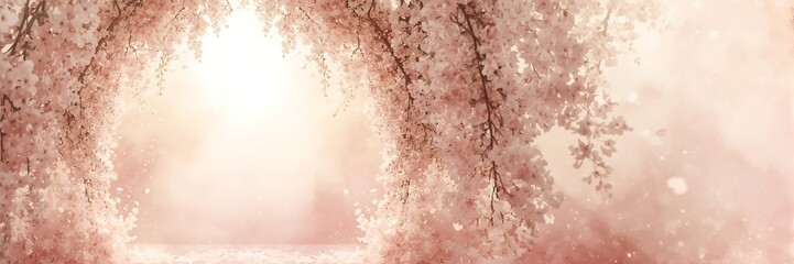 Fototapeta premium Dreamy wisteria flower background with soft pastel pink color and bokeh light for wedding, beauty presentation, and product display