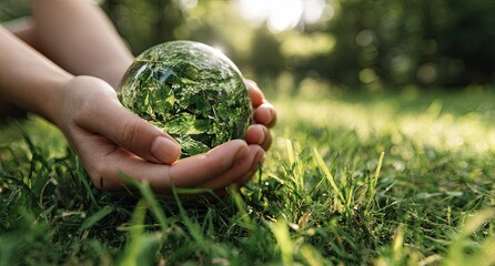 Hands hold a crystal globe of greenery, representing Earth, on grass