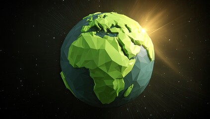 Low-poly Earth model, green continents, dark background, starburst