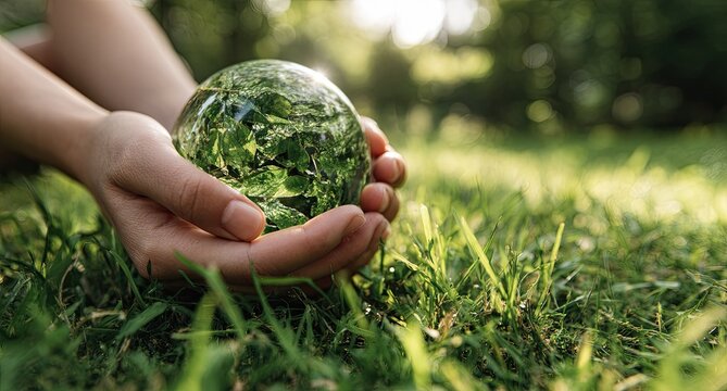 Hands hold a crystal globe of greenery, representing Earth, on grass