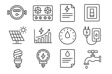 Energy Icons Collection. Line style icons of energy and utilities: water meter, gas stove icon, electric bill, light switch icon,