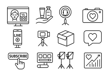 Beauty Influencer Icon Set. Line style icons of beauty influencer items: makeup tutorial screen, product review icon, selfie ring,