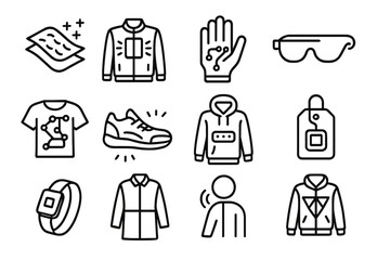 Futuristic Fashion Icons. Line style icons of futuristic fashion: smart fabric icon, light-up jacket, tech glove, digital glasses,