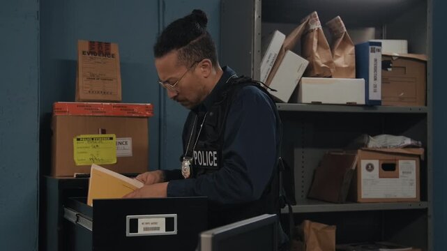 Police officer digging through files cabinet