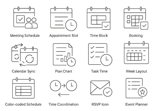 Schedule Icons. Line style icons of schedule management: meeting schedule, appointment slot, time block, booking icon, calendar