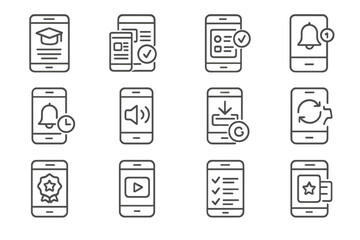 Mobile Learning Icons. Line style icons of mobile learning: smartphone learning app, responsive lesson page, mobile quiz, push