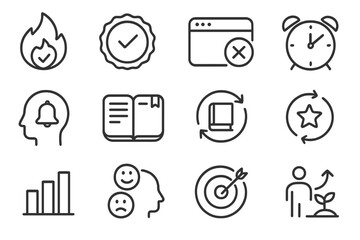 Digital Learning Icons. Line style icons of digital learning habits: study streak icon, daily login badge, distraction blocker,