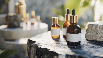 Close up of various serum bottles on stone surface, showcasing their sleek design and potential for skincare. natural setting adds calming touch