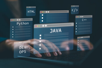Software development and Software Engineer concepts, programming for various devices, computer programmer, coding process, chart, testing platform Data analytics, online safety.
