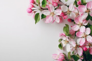 Delicate pink and white blossoms arranged on a light gray background
