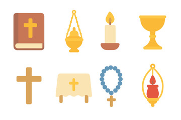 Children's Religious Icons. Flat vector mini-illustrations Worship items in colors children's illustrations: prayer book, incense