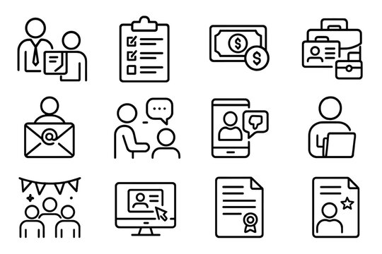 Employee Offboarding Icons. Line style icons of employee offboarding: resignation process, exit checklist, final settlement icon,