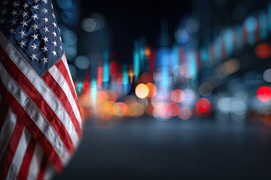 American flag draped over a dark, blurred city skyline at night - Powered by Adobe