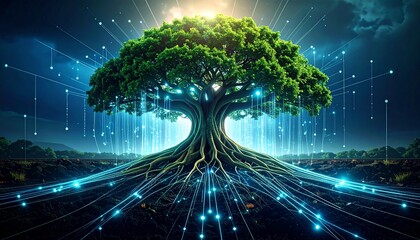 Majestic digital tree connects earth and sky