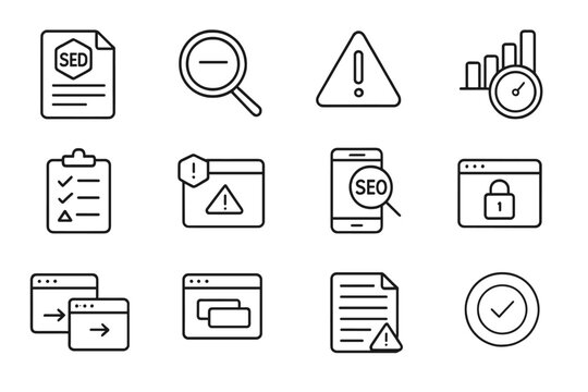 SEO Audit Icons. Line style icons of SEO audits: site audit report, error checker icon, warning sign icon, performance bar icon,