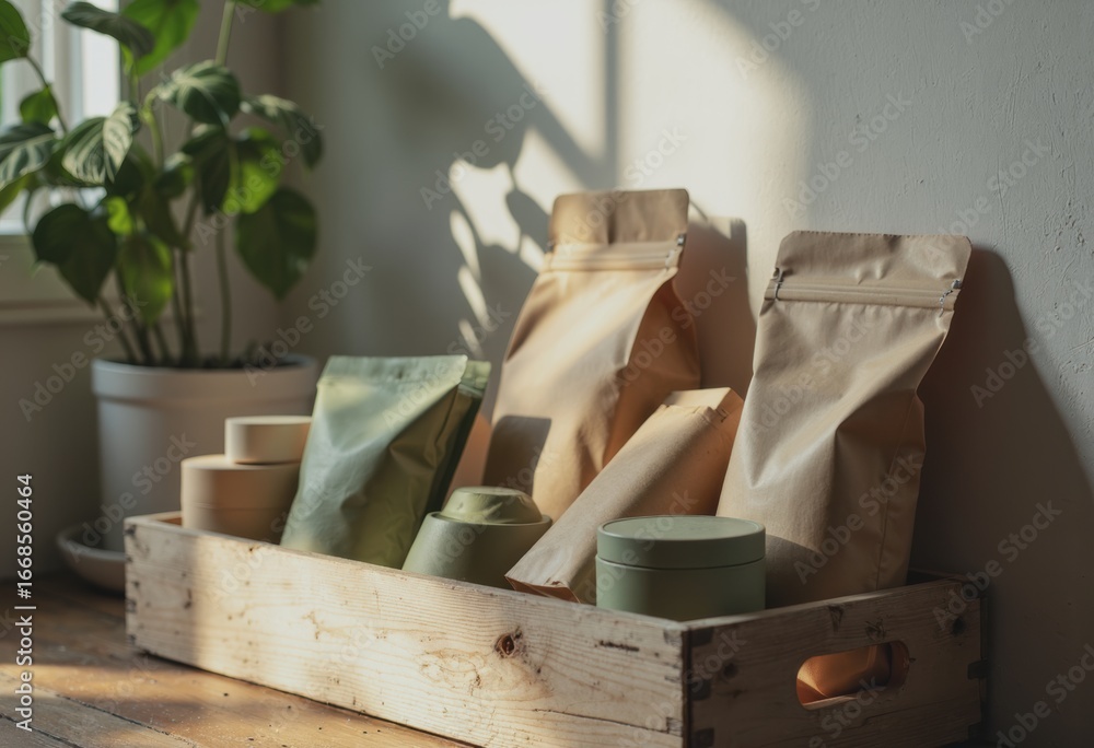 Aufkleber bin of blank-front storage containers arranged in a cozy setting