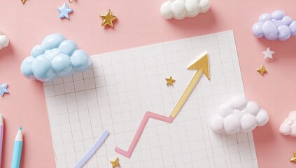 Pastel-colored graph with upward trend, surrounded by clouds and stars, on a pink background