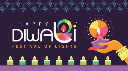 Happy Diwali Hindu festival poster with 2 Indian women's hands holding oil lamp and typography design.
