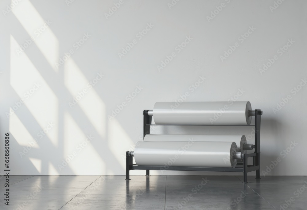 Poster foam blocks and inert packing rolls neatly arranged on a rack