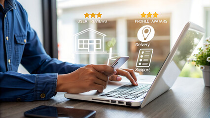 A man uses a smartphone while working on laptop with holographic overlay showing a storefront icon, location pin, and five star rating