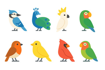 Fototapeta premium Colorful Bird Icons. Flat vector mini-illustrations colorful birds in colors children's illustrations: blue jay, peacock, cockatoo