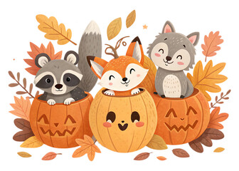 Fototapeta premium Cartoon animals raccoon fox and wolf sitting inside pumpkins with fall leaves decoration around them