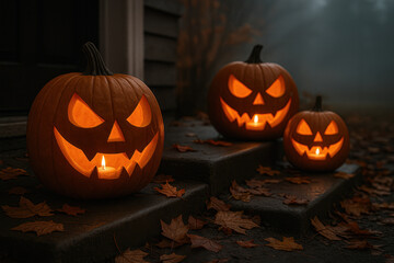 Fototapeta premium Glowing carved Halloween pumpkins on the porch among fallen autumn leaves. Festive and mystical atmosphere, evening lighting, warm candlelight illuminating the spooky jack-o'-lantern faces.