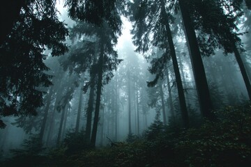Misty forest interior, dark trees reaching skyward