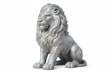 Stone lion statue sitting majestically, isolated on a transparent background, perfect for design projects