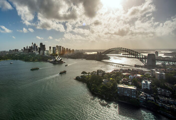 Aerial view of Sydney Harbour at sunset
